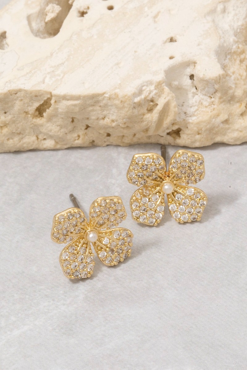 Cz Pave Flower Pearl Center Stud Earrings