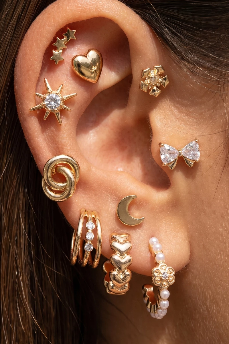 Celestial Heart And Bow Stud Earrings Set