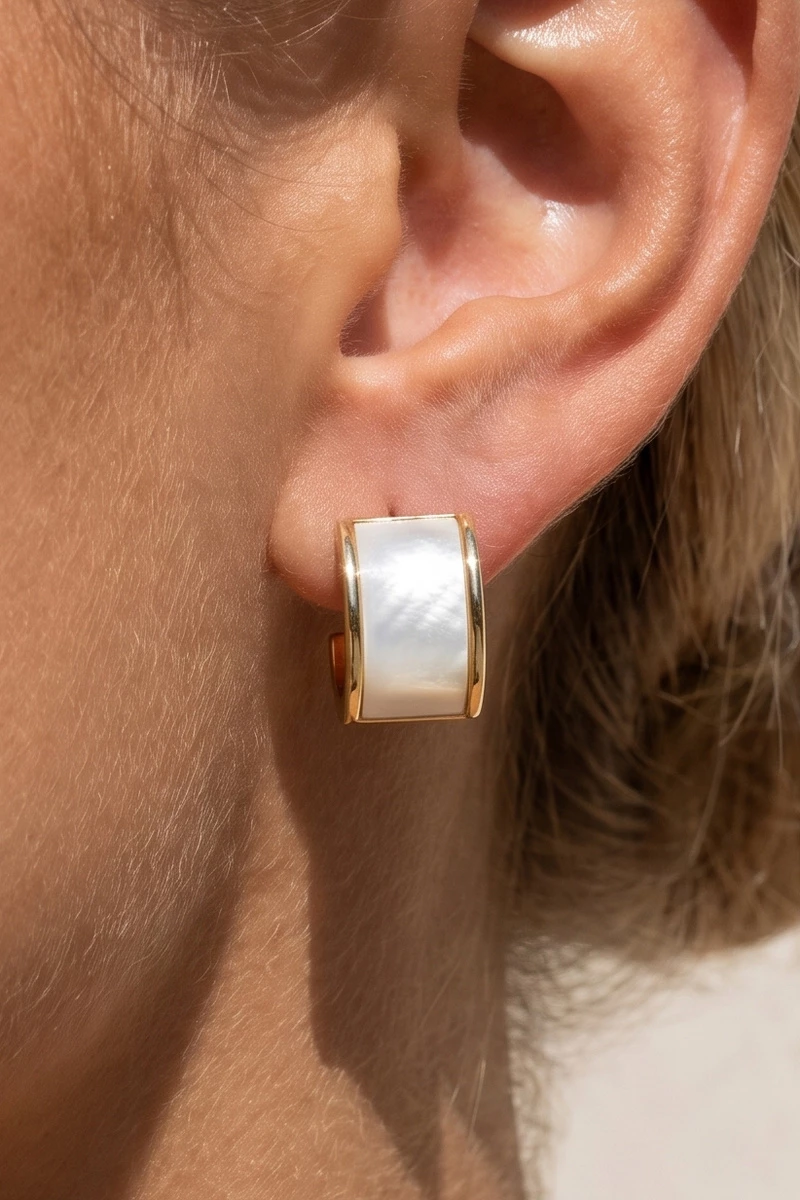 Mother Of Pearl Inlay Curved Huggie Hoop Earrings