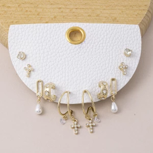 Cz Cross And Pearl Drop Huggie Earring Set