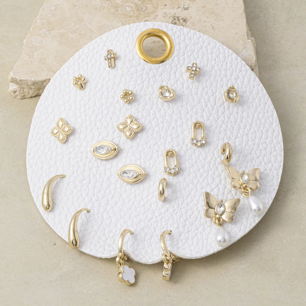 Dainty Cross Clover And Pearl Stud Earring Set