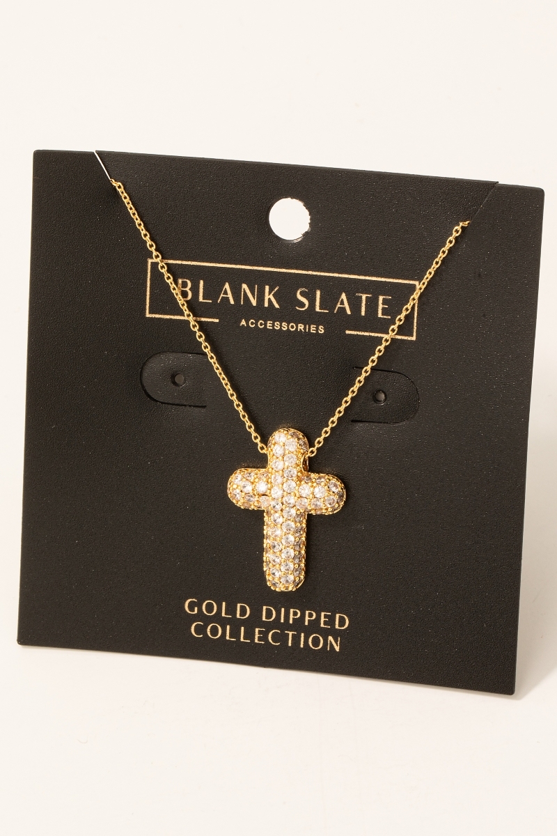 Gold Dipped Cz Pave Bubble Cross Pendant Necklace