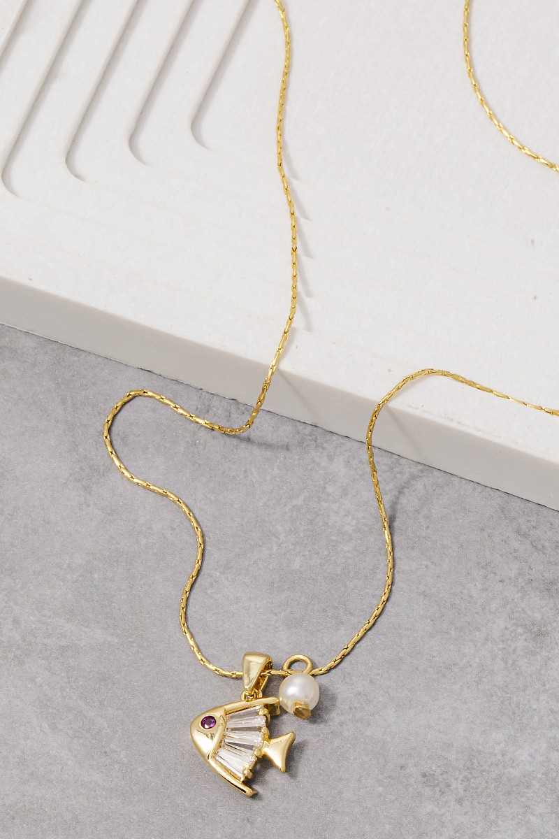Cz Pearl Fish Pendant Necklace