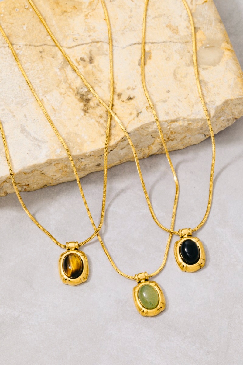 Snake Chain Gold Bezel Stone Pendant Necklace