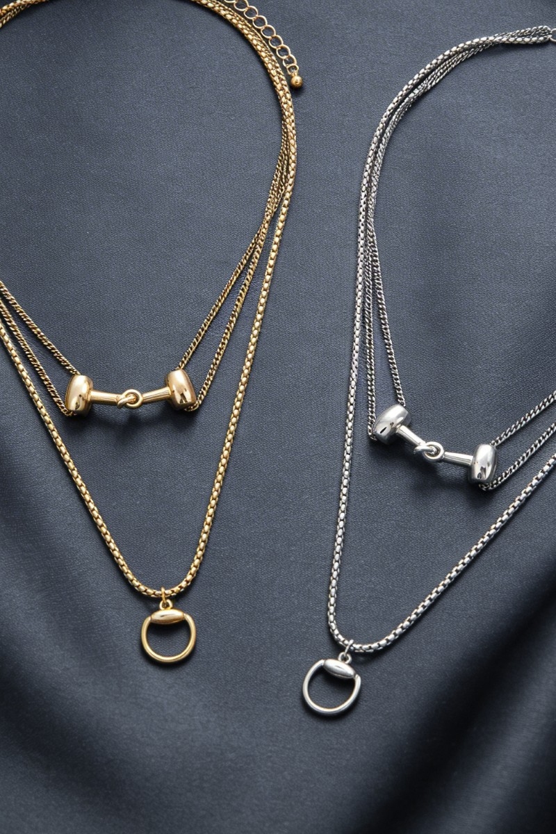 Layered Chain Interlock Bar Pendant Necklace