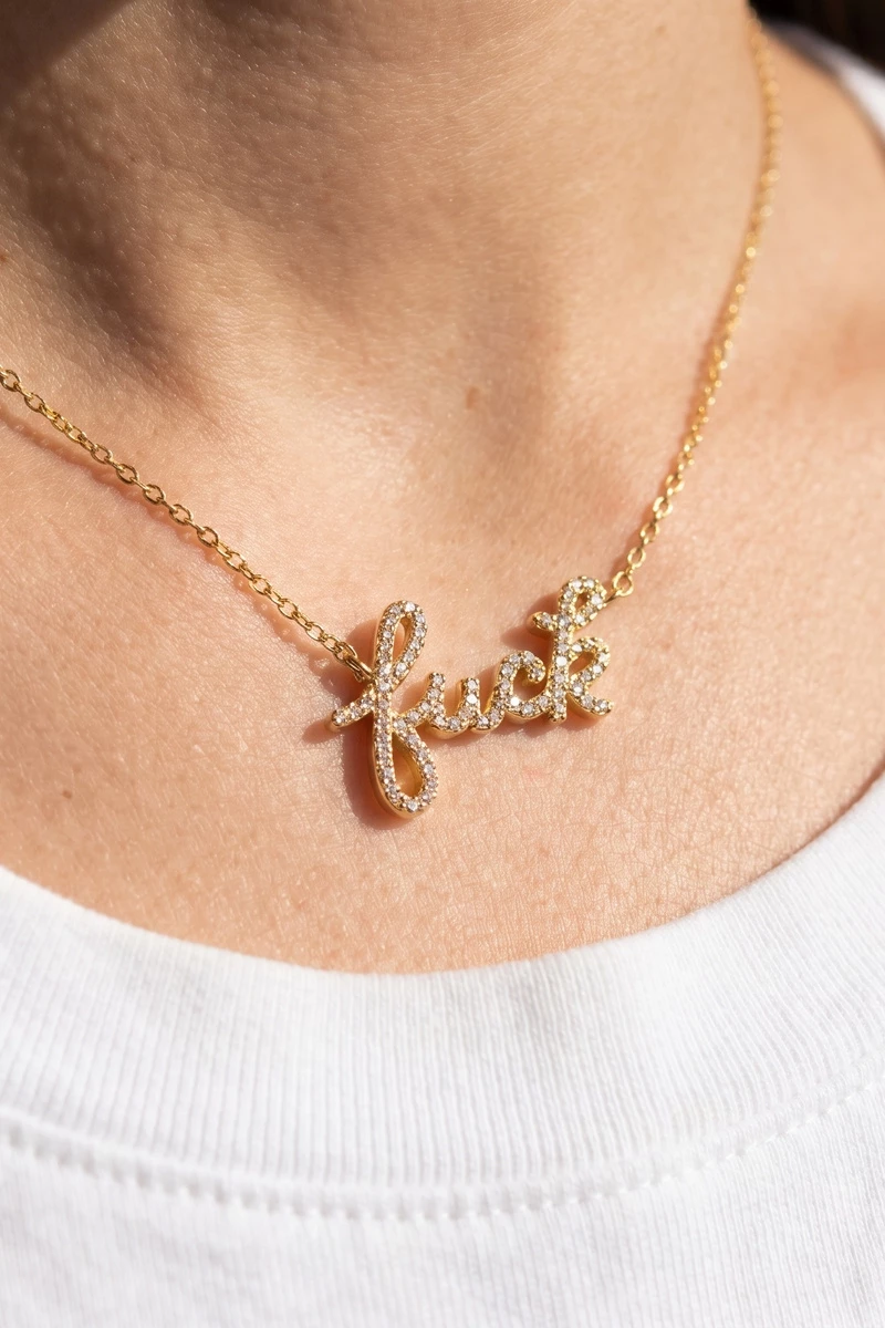 Cz Pave F Word Cursive Script Pendant Necklace