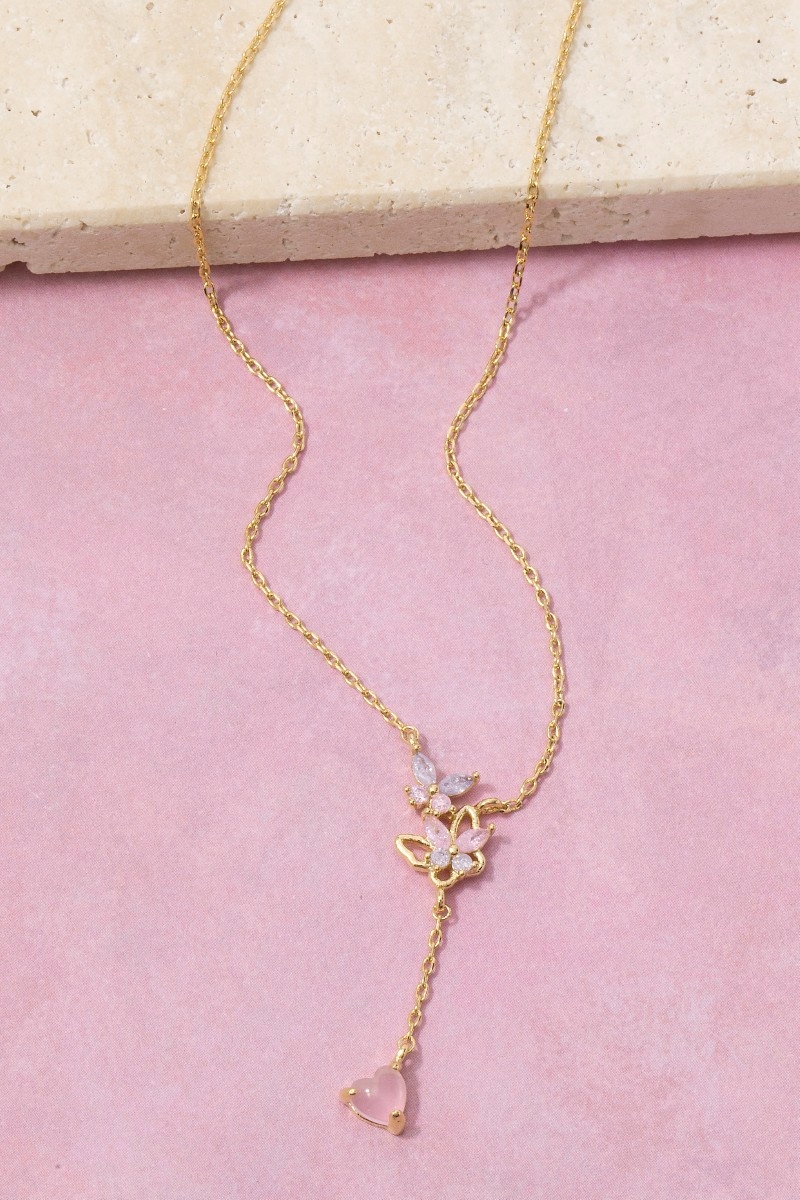 Gold Dipped Cz Butterfly And Heart Y Chain Necklace