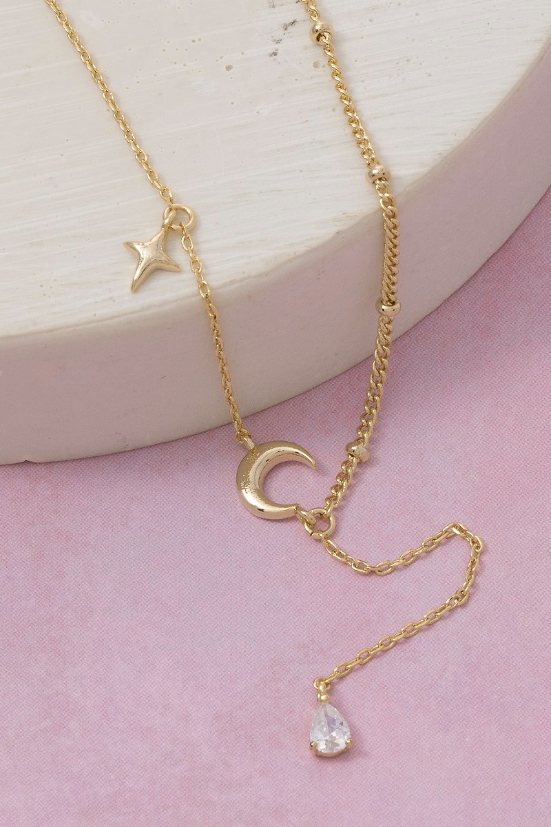 Moon And Star Cz Charm Y Necklace