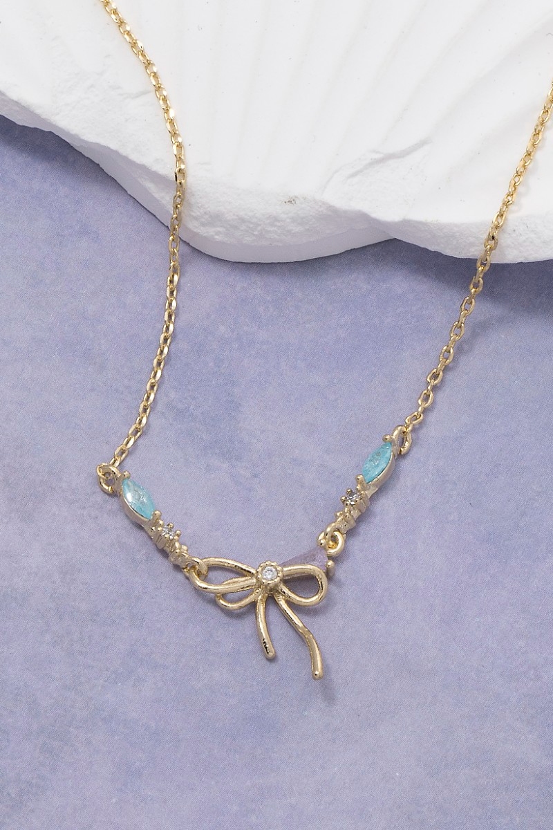 Dainty Ribbon Bow Cz Pendant Necklace