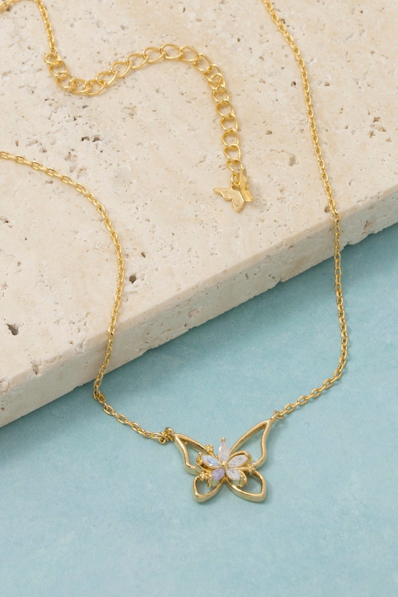 Floral Cz Butterfly Pendant Necklace