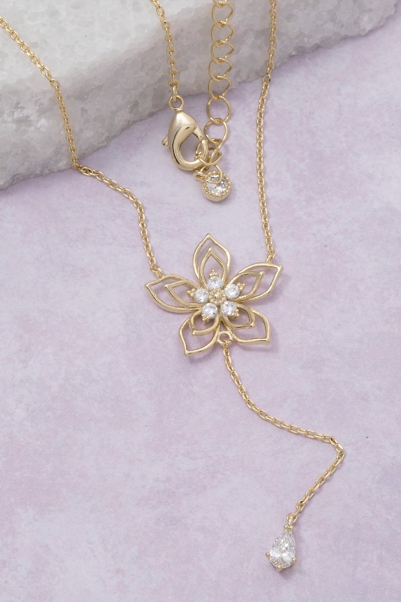 Cz Layered Flower Charm Teardrop Y Chain Necklace
