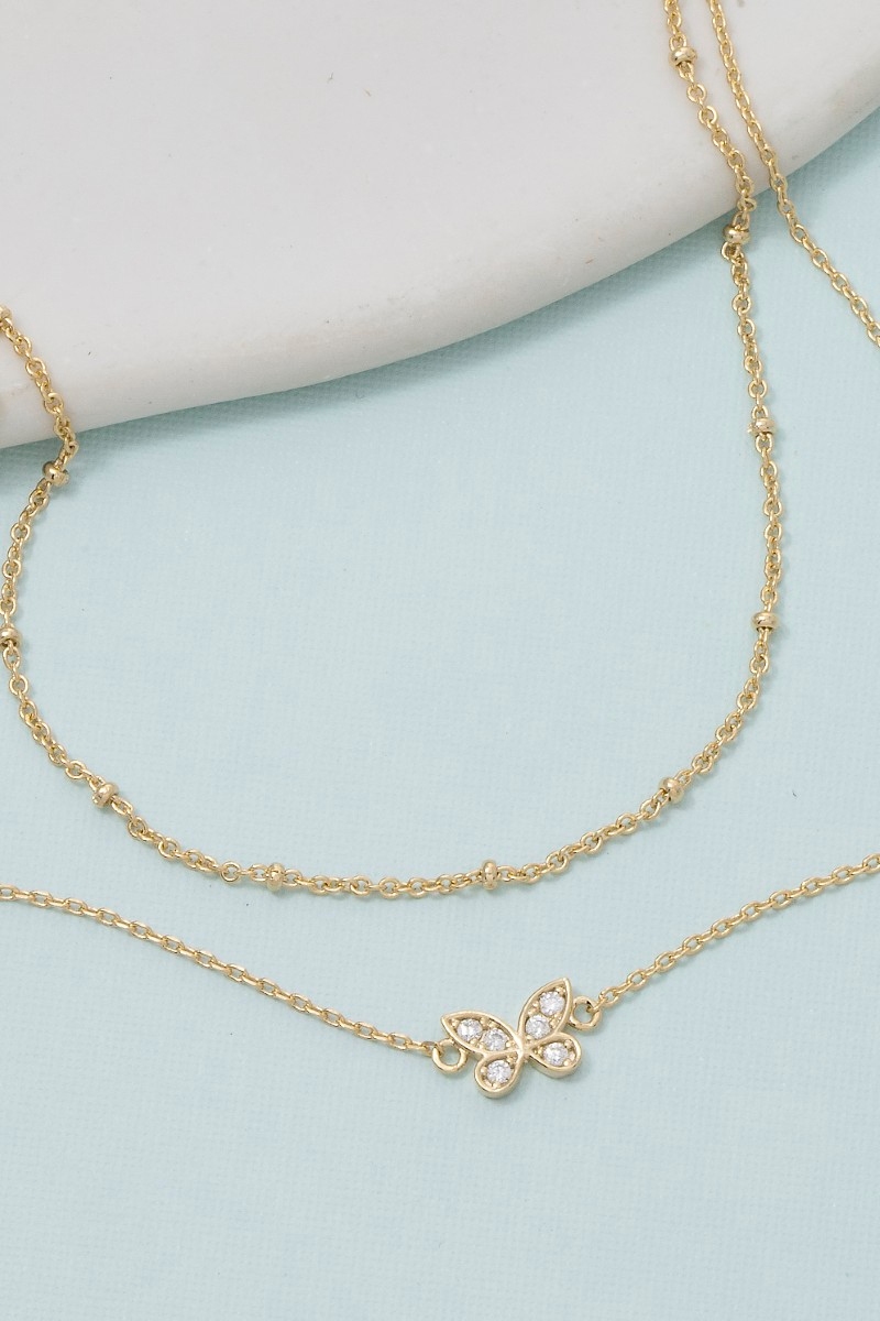 Layered Chain Cz Butterfly Pendant Necklace