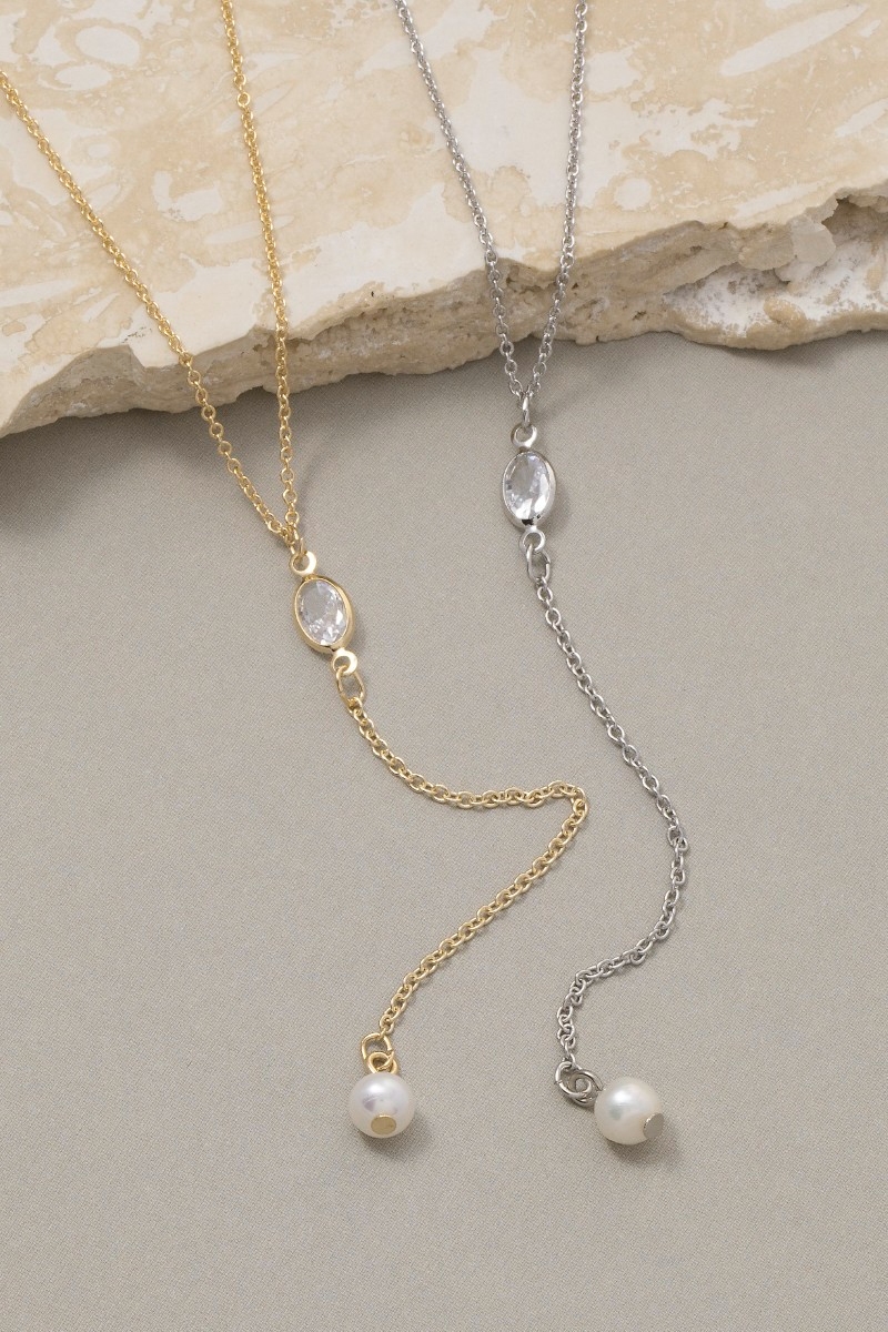 Cz Pearl Charm Y Chain Necklace