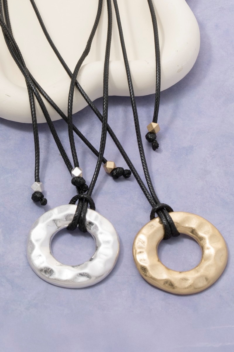 Adjustable Cord Hammered Circle Ring Pendant Necklace