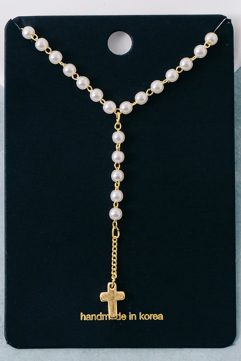 Pearl Beaded Y Chain Cross Pendant Necklace