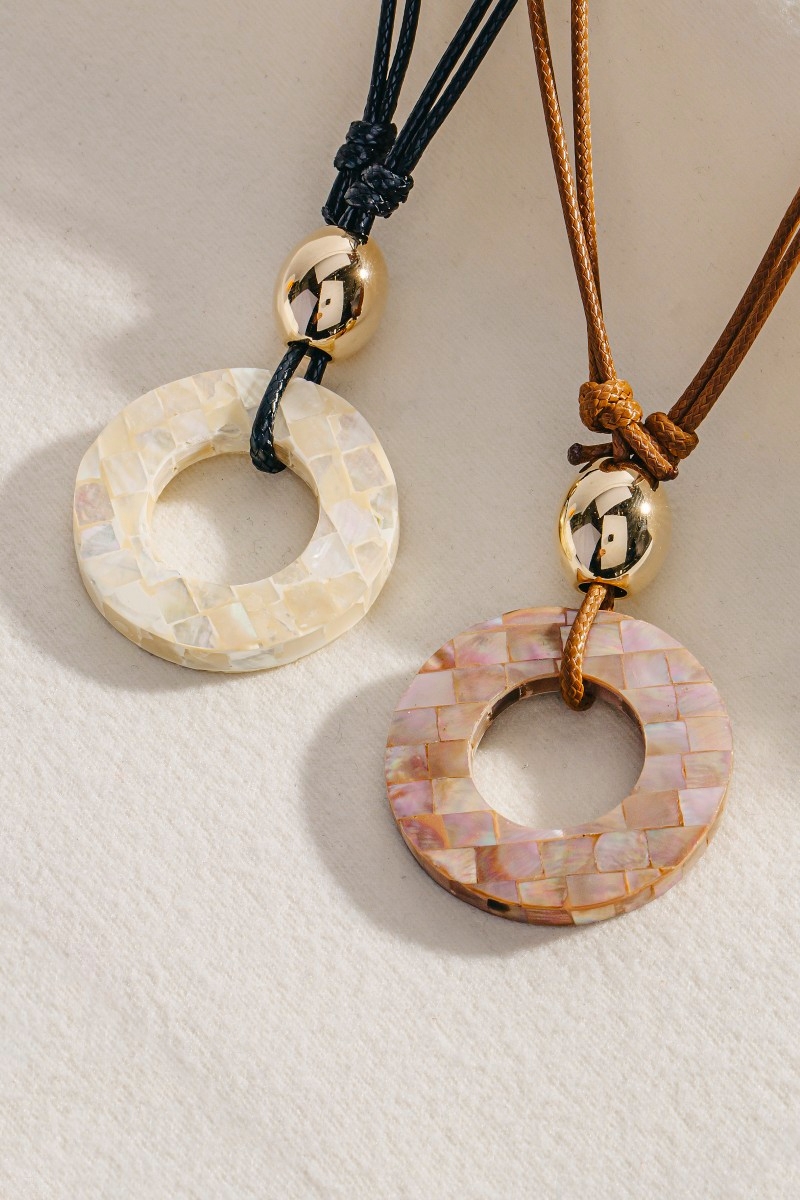 Mosaic Hoop Pendant And Bead Layered Cord Necklace