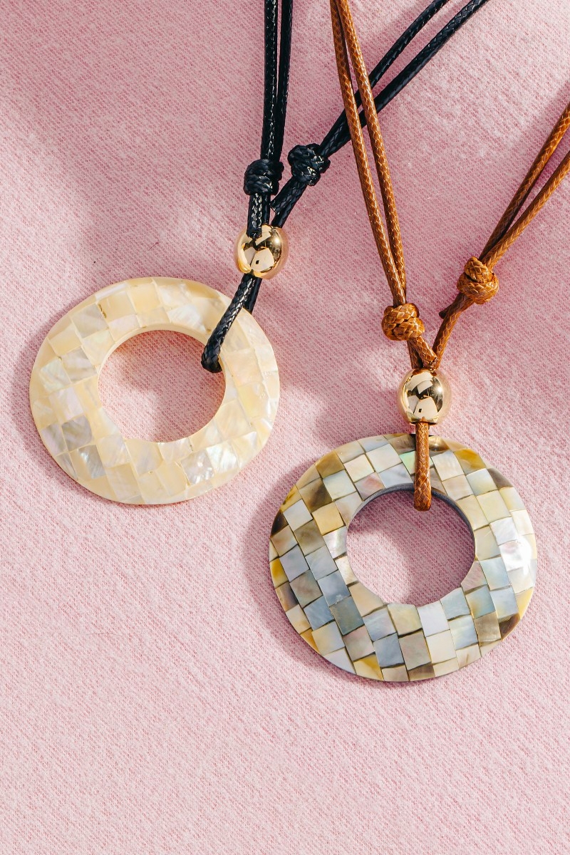 Mother Of Pearl Mosaic Hoop Pendant Layered Cord Necklace