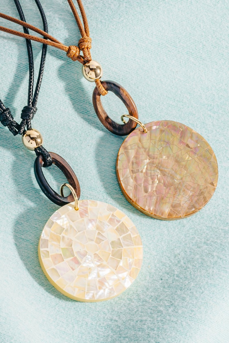 Mosaic Shell Disc And Wooden Hoop Pendant Cord Necklace