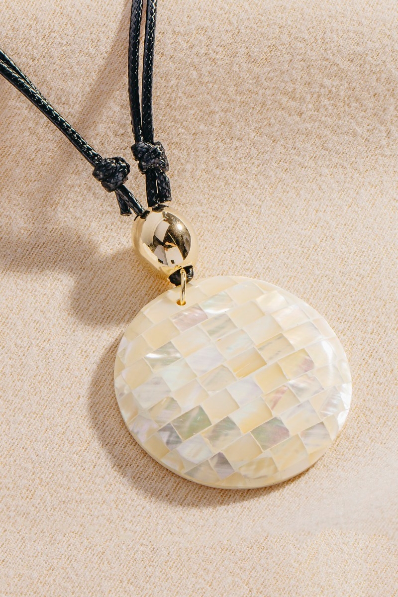Mosaic Shell Disc Pendant Cord Necklace