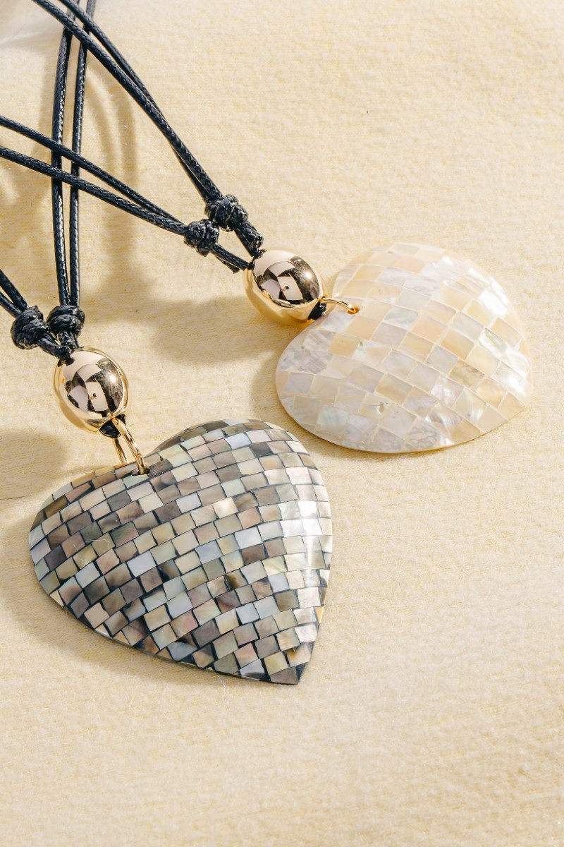 Large Mosaic Shell Heart Pendant Cord Necklace