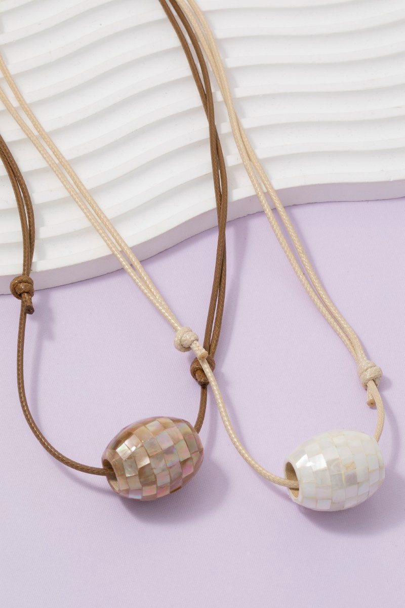 Mother Of Pearl Mosaic Bead Pendant Adjustable Cord Necklace