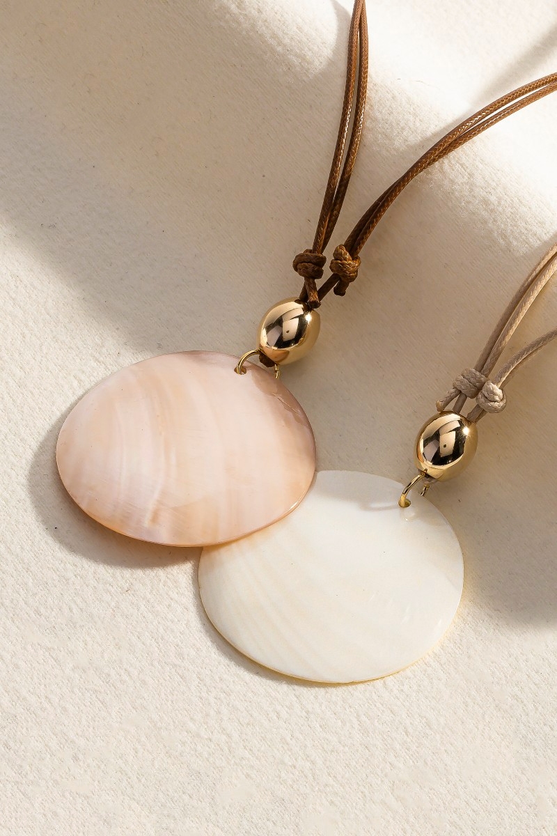Large Sea Shell Disc Pendant Layered Cord Necklace