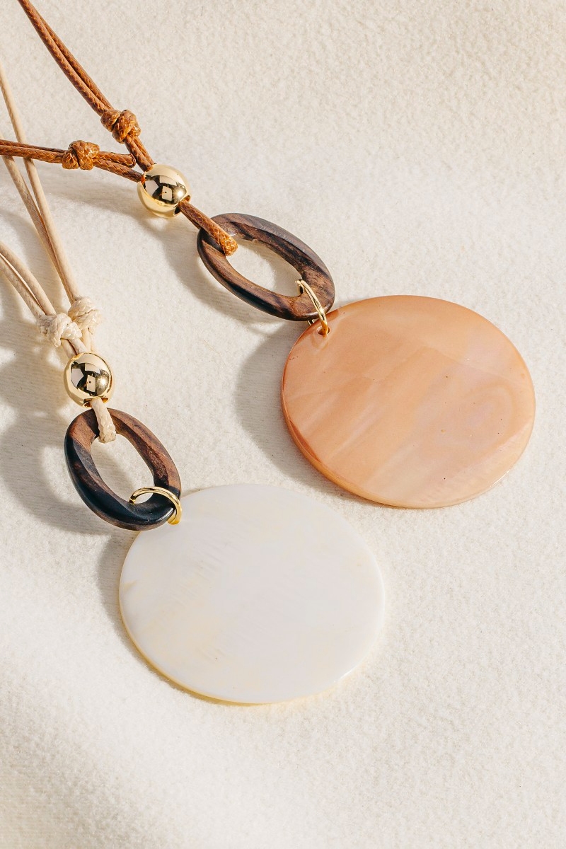 Large Sea Shell Disc Pendant Wooden Hoop Cord Necklace