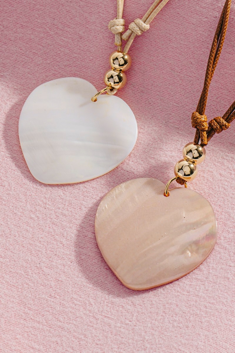 Large Sea Shell Heart Pendant Metallic Beads Cord Necklace
