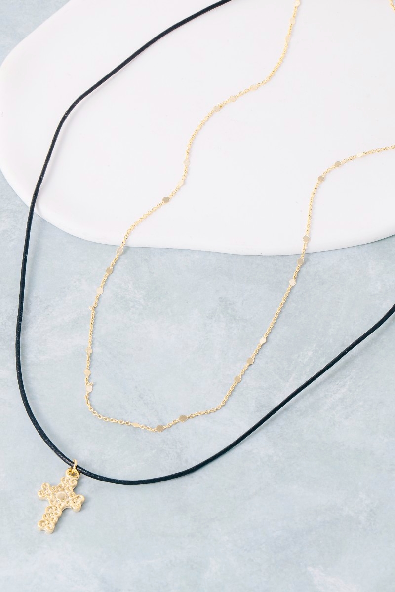 Layered Chain Cord Cross Pendant Necklace