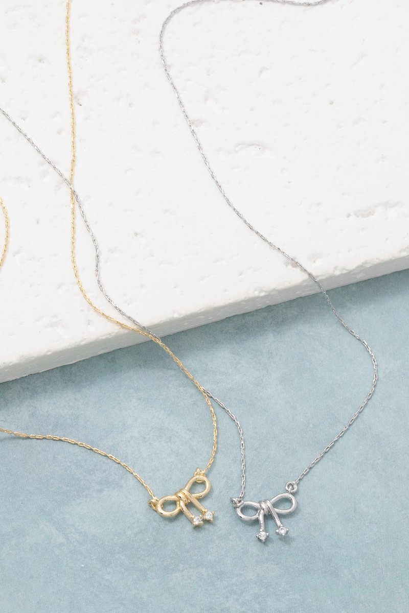 Cz Ribbon Bow Pendant Necklace