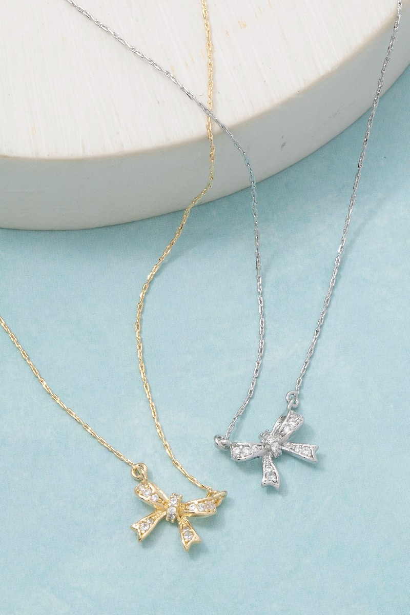 Cz Pave Ribbon Bow Pendant Necklace