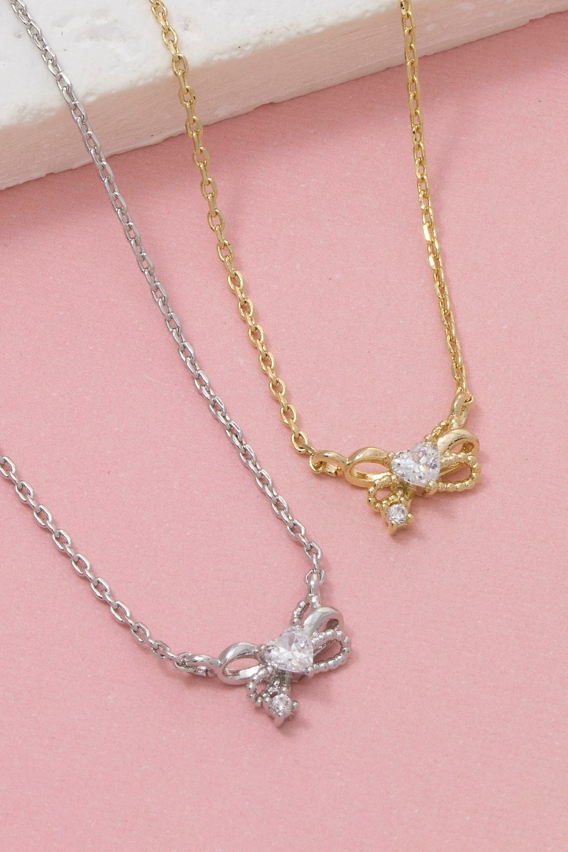 Cz Ribbon Bow Pendant Necklace