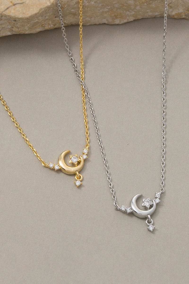 Moon And Stars Cz Pendant Necklace