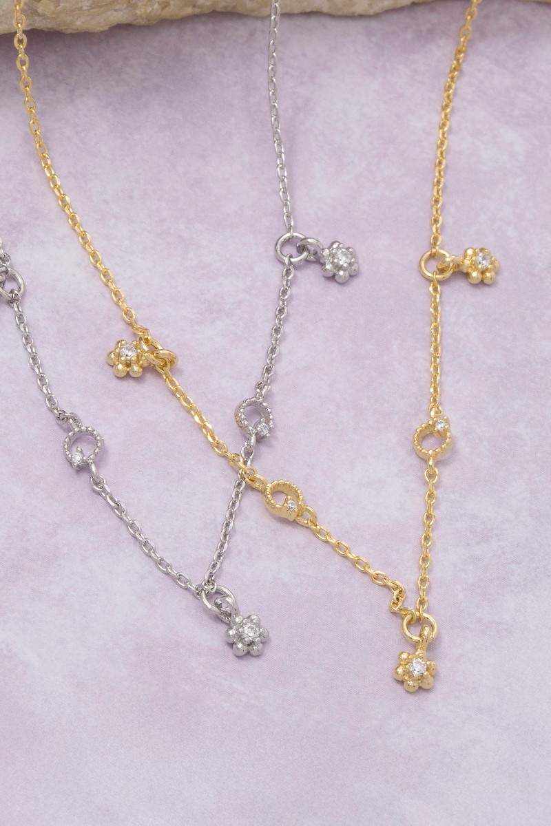 Cz Triple Flower Station Necklace