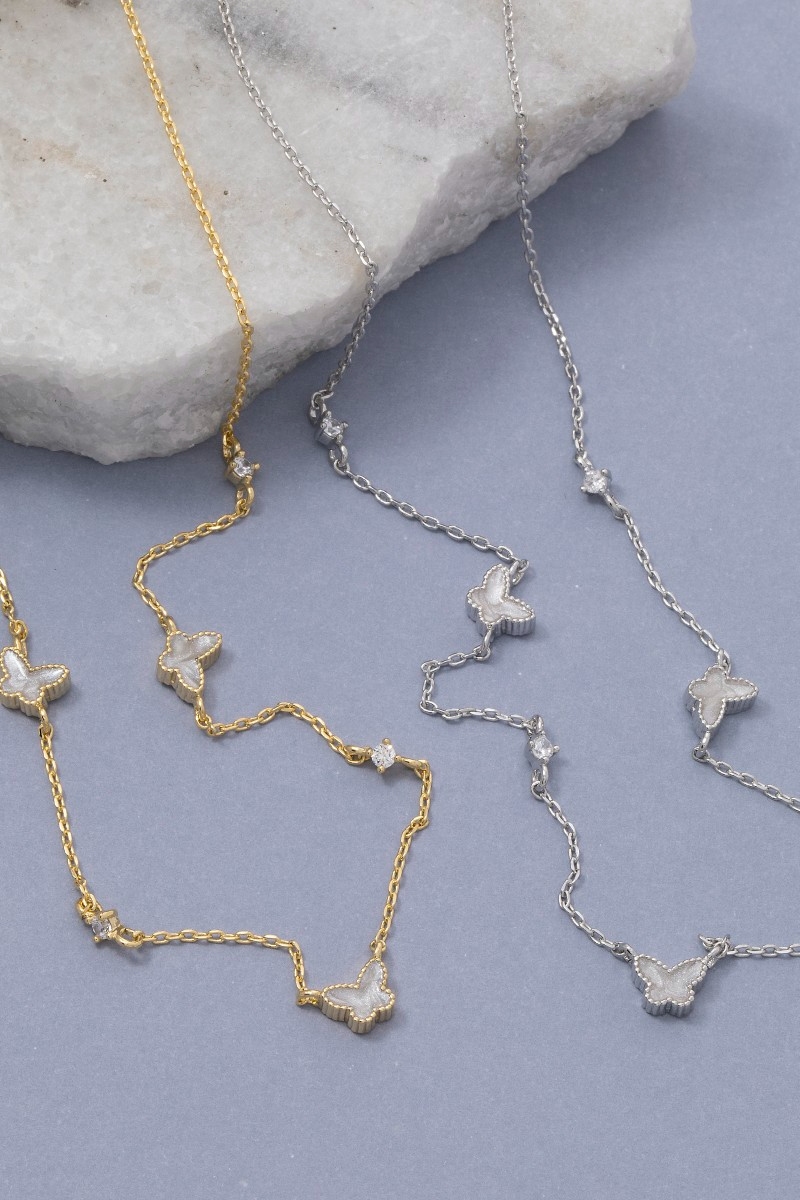 Cz Enamel Butterfly Station Necklace