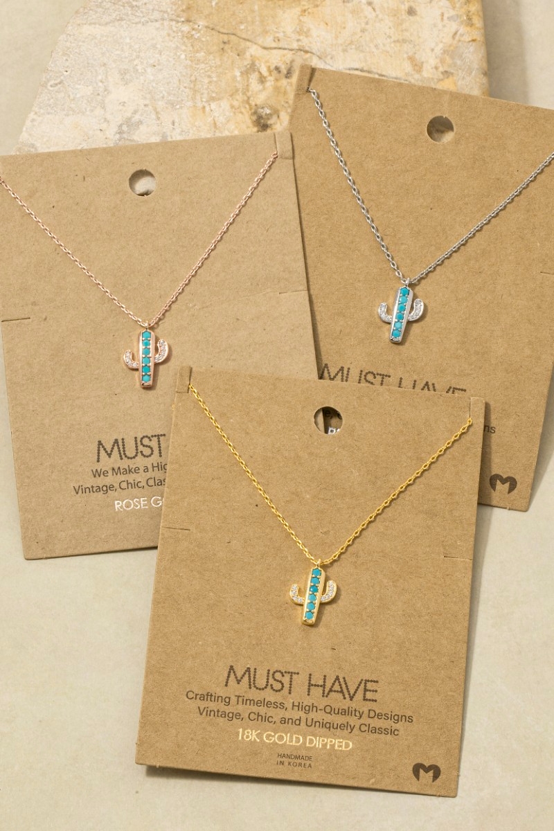 Gold Dipped Turquoise And Cz Cactus Pendant Necklace