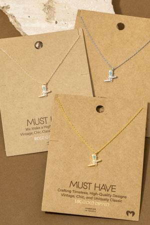 Gold Dipped Cz Studded Cowboy Boot Pendant Necklace