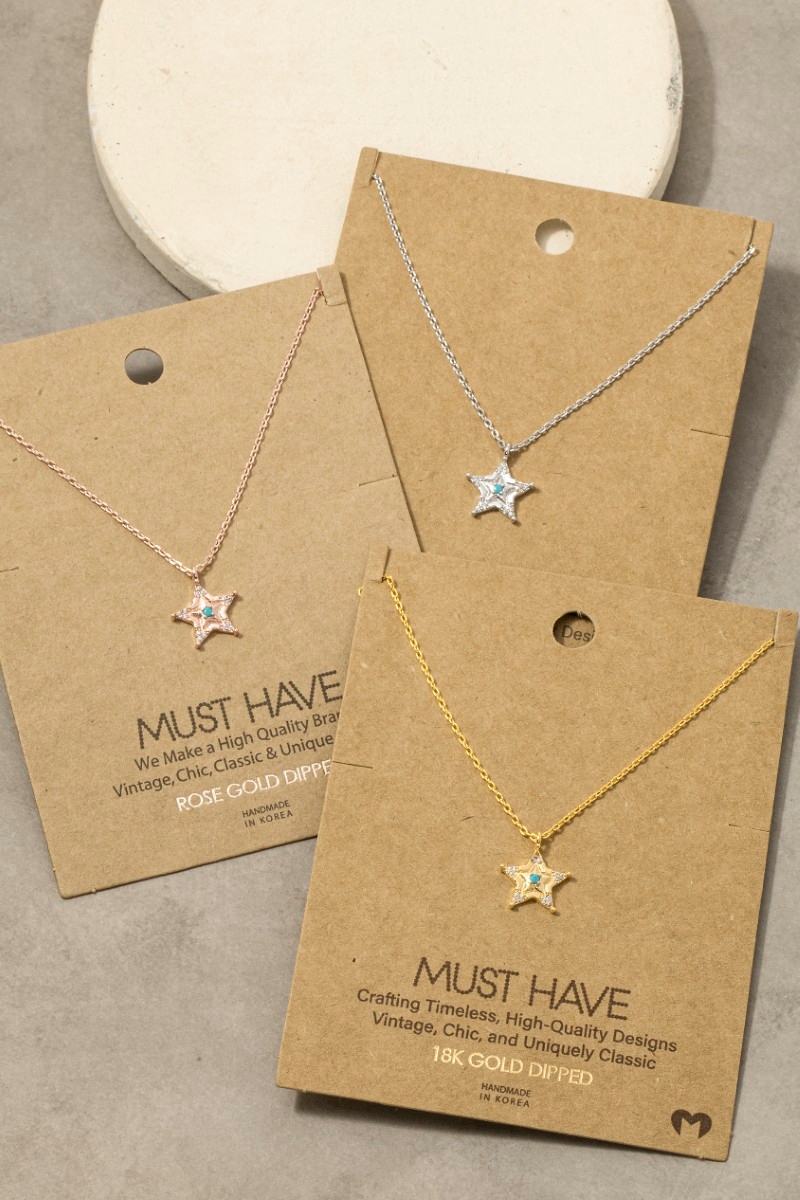 Gold Dipped Turquoise And Cz Star Pendant Necklace