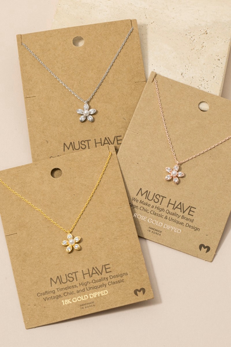 Gold Dipped Pearl And Cz Flower Pendant Necklace