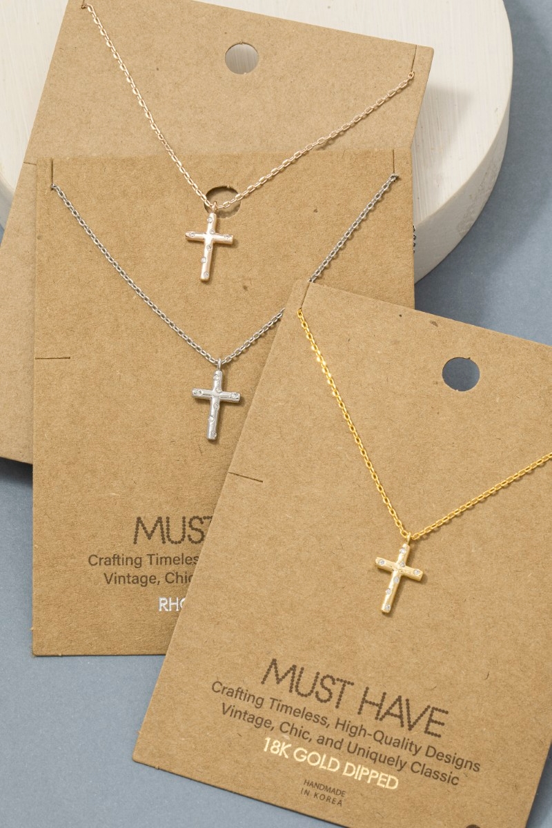 Gold Dipped Cz Studded Cross Pendant Necklace