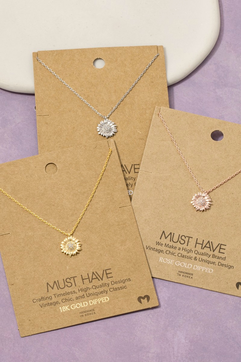 Gold Dipped Cz Pave Flower Pendant Necklace