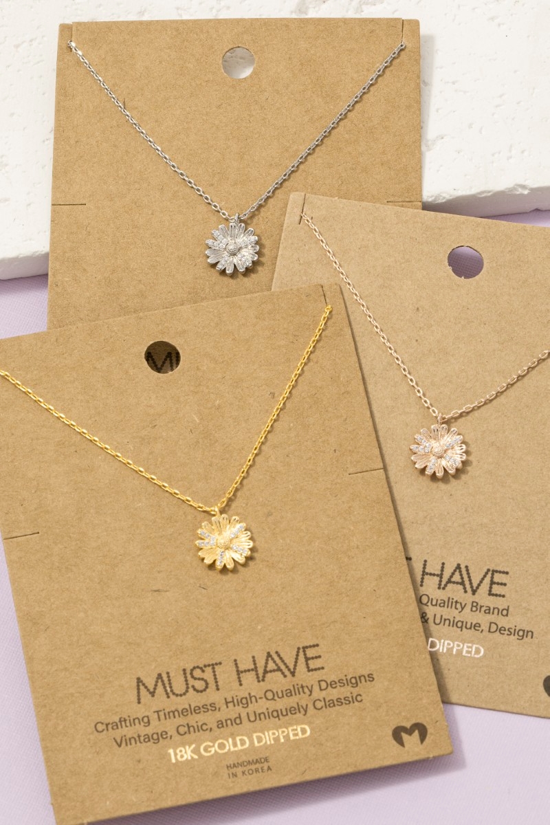 Gold Dipped Cz Studded Flower Pendant Necklace