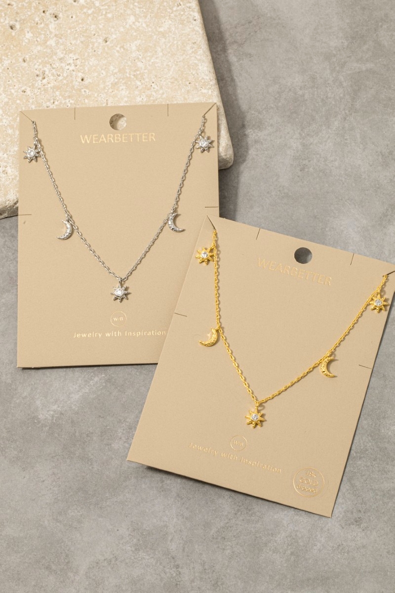 Gold Dipped Cz Pave Stars Moon Station Charms Necklace