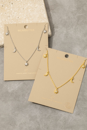 Gold Dipped Cz Pave Stars Moon Station Charms Necklace