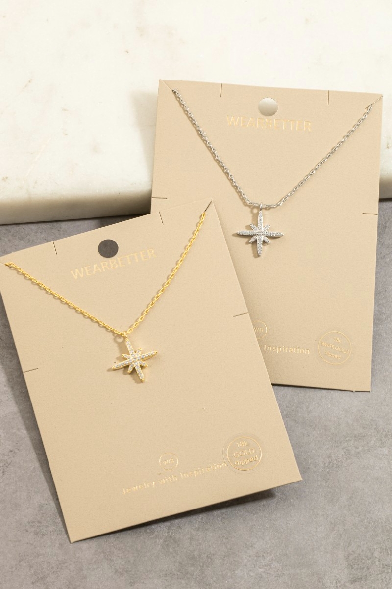 Gold Dipped Cz Pave North Star Pendant Necklace