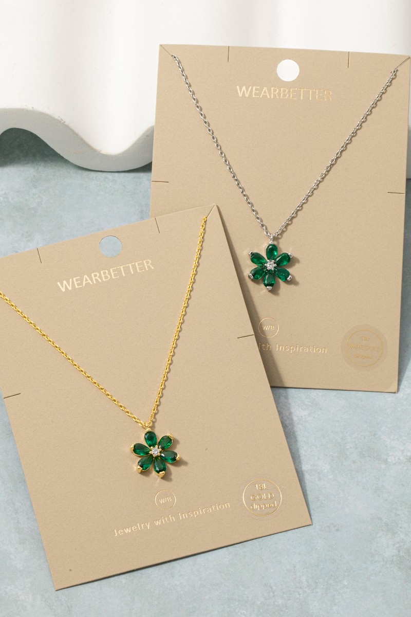 Gold Dipped Green Cz Flower Pendant Necklace