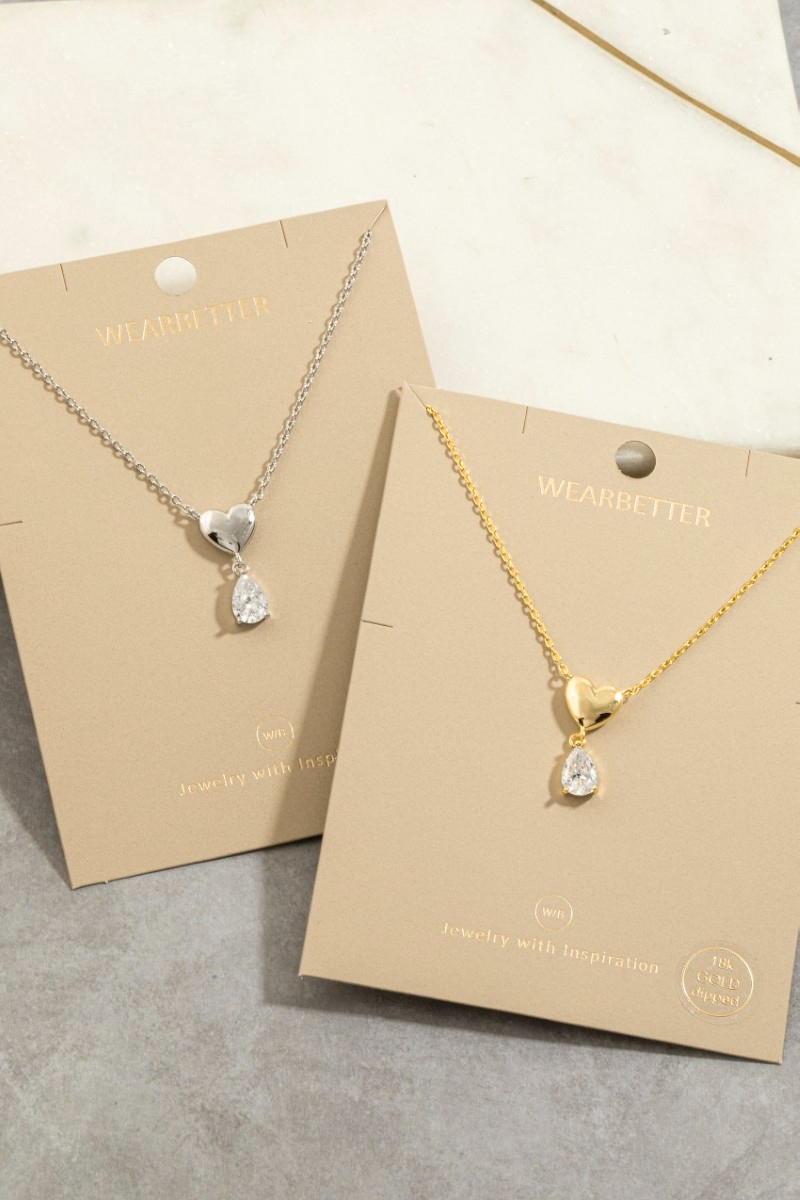 Gold Dipped Heart And Cz Tear Pendant Necklace