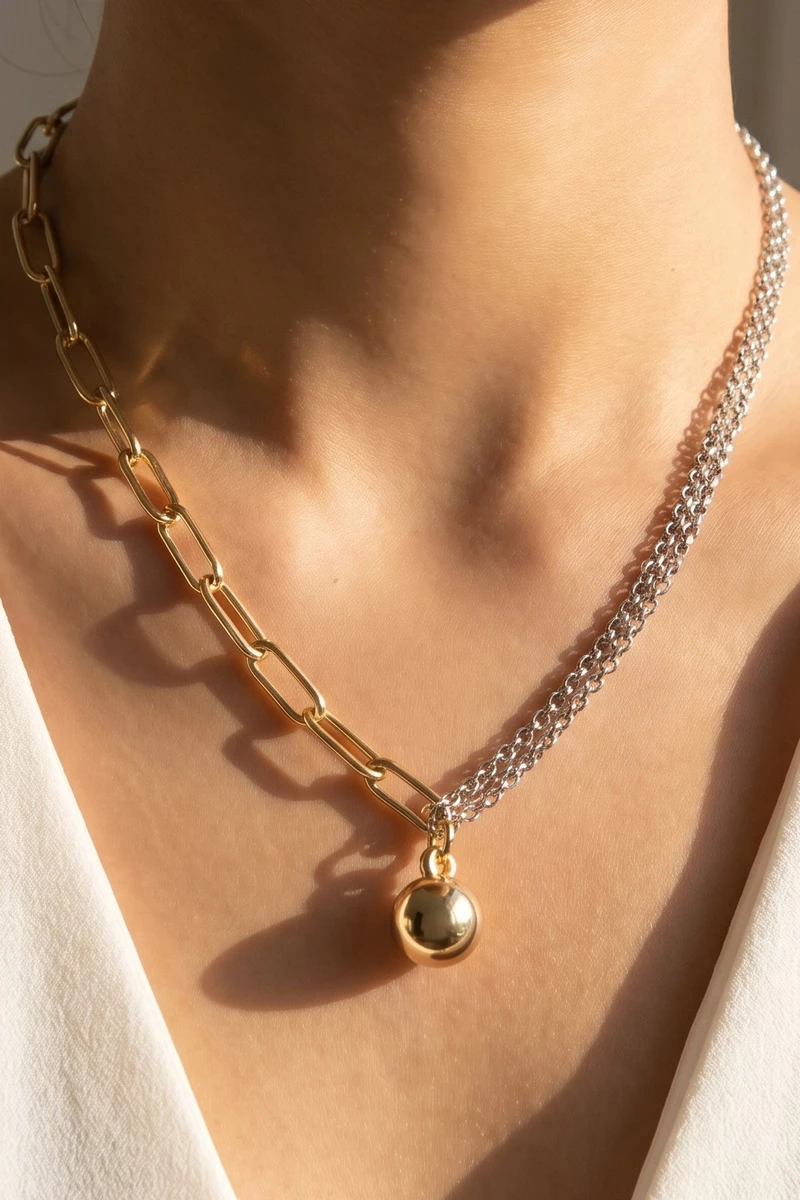 Asymmetric Chain Gold Ball Pendant Necklace