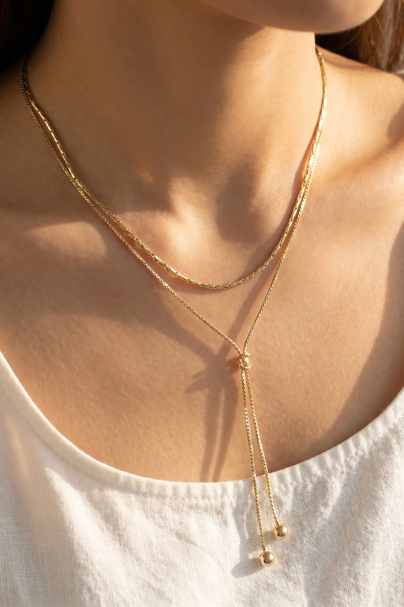 Layered Double Chain Lariat Drop Necklace