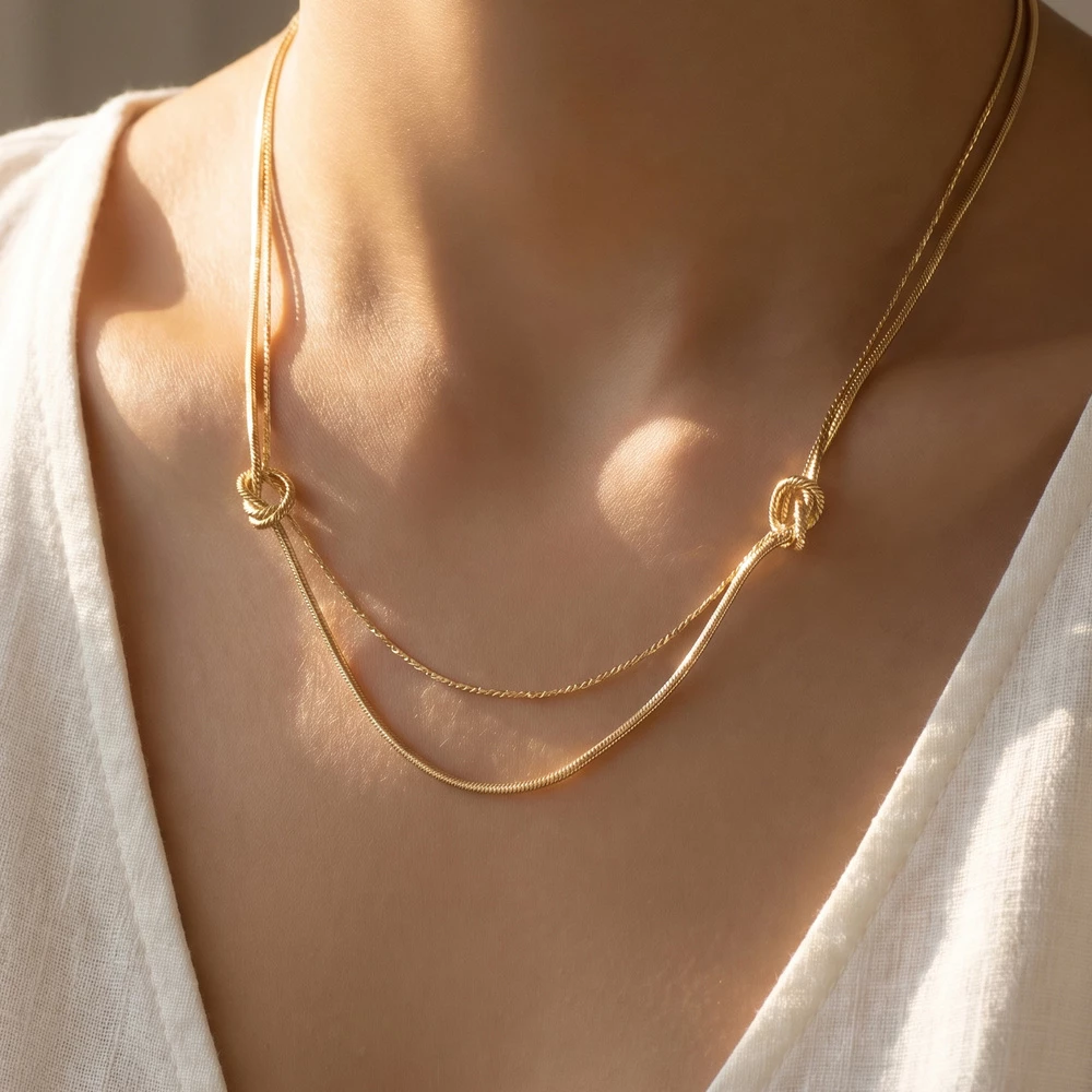 Double Strand Knotted Ring Station Layer Necklace
